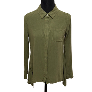 DEAR JOHN M Olive Green Button Down Rayon Utility Stripe Back Shirt